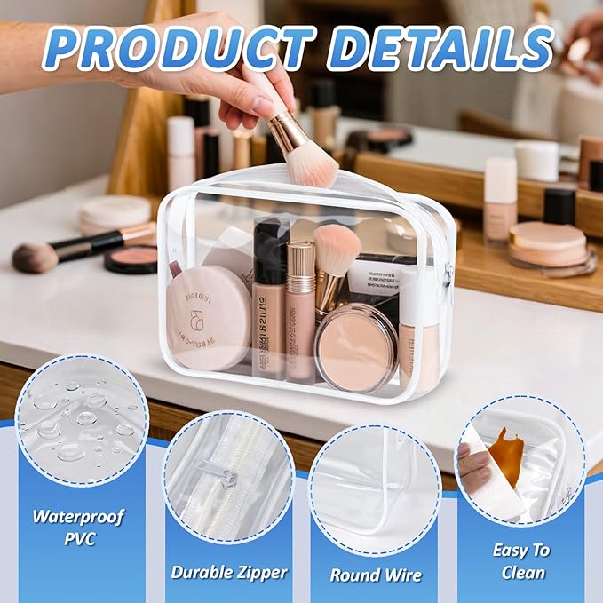 Clear Makeup Bags Plastic Cosmetic Bag TAS Toiletry Bag for Travelling PVC Clear Pouch Organizer Bag for Women (4, white, Multisize)