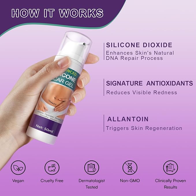 Silicone Scar Cream Scar Gel - Advanced Scar Gel Scar Treatment for Stretch Marks Removal, Old & New Scars, Surgical Scars, Burns, Acne, C-Section, Keloid Scar Treatment for Women & Men, 1.76Oz