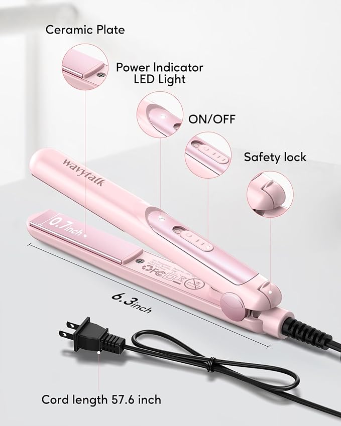 Wavytalk Mini Portable Flat Iron, 0.7 Inch Dual Voltage Hair Straightener - Small Flat Irons for Short Hair, Curls Bangs, Worldwide Use for Travel, Pink