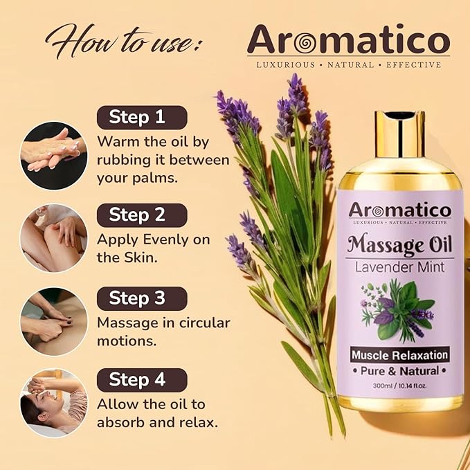 Lavender Mint Massage Oil with Sesame, Almond & Jojoba Oils. Non-Sticky, Safe & Natural Ingredients – 10 Fl Oz