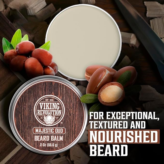 Viking Revolution Majestic Oud Beard Balm - Argan & Jojoba Beard Butter, Softener & Moisturizer with Beeswax - Wax for Men (2oz, 1 Pack)