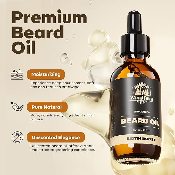 Waking Forest Beard Oil - Biotin Beard Oil for Men Thicker Beard with Vitamin E, Rosemary, Castor Mustache Oil for Black Men, Softens & Strengthens Beard Care Oil (Unscented, 2oz)