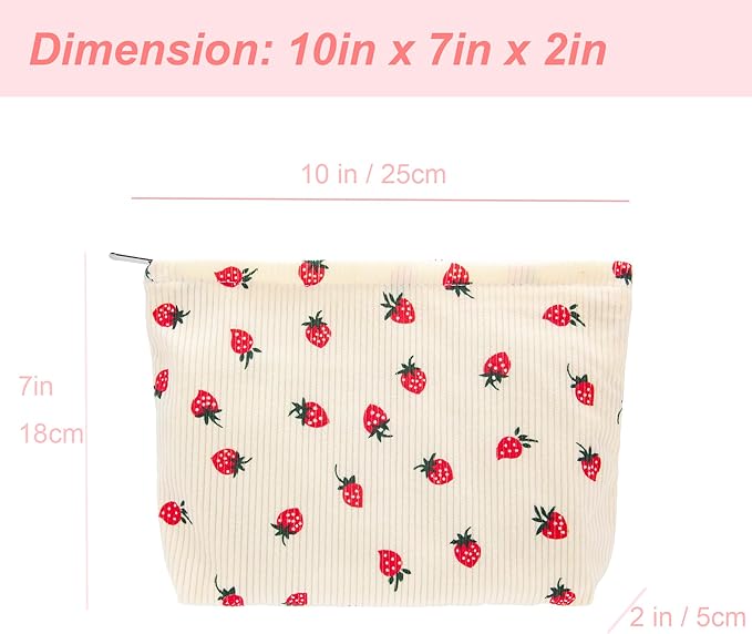 PAZIMIIK Makeup Bag Large Cotton Zipper Pouch for Purse Travel Canvas Make Up Organizer for Women Cosmetic,Strawberry Beige