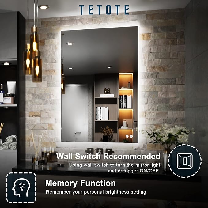 TETOTE 24 x 36 Inch LED Mirror Backlit Bathroom,Anti-Fog Mirror with Light,Dimmable,CRI90+,IP54 Water Proof,Wall Mounted Vanity Lighted,Horizontal/Vertical