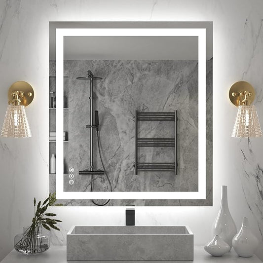 Amorho LED Bathroom Mirror 36''x32'' with Front Light and Backlit, Stepless Dimmable Wall Mirrors with Anti-Fog, Shatter-Proof, Memory, 3 Colors, Double LED Vanity Mirror (Horizontal/Vertical)