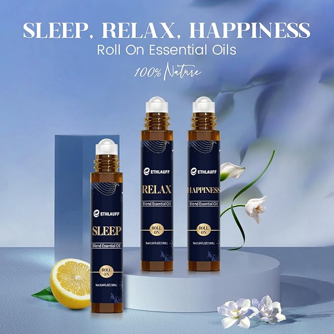 Essential Oil Roller Set, (Sleep, Relax, Happiness) Aromatherapy Roll On for Body Skin Care, Home - Natural Aromatherapy Gift, Relaxtion Gift, Stress Relief Gift for Women and Men