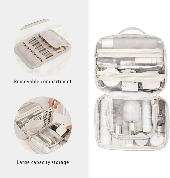 RIGHT AWAY Travel Toiletry Bag for Women,Large Makeup Bag& Cases,Waterproof Cosmetic Organizer Bag with Compartments,Portable Make Up Bag for Travel Size Toiletries,Skincare,Brushes Set,White