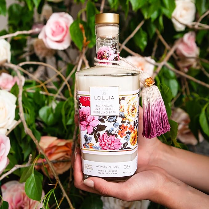 Lollia Always in Rose Bubble Bath, 25 fl. oz., Rose & Hibiscus Scent, Soothing Moisture-Rich Bubbling Skin Care with Hydrating Ingredients, Enchanting Floral Beauty Soap for Women