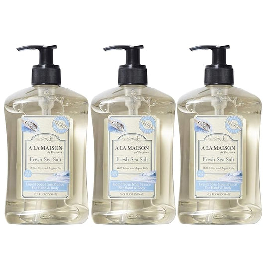 A LA MAISON French Liquid Hand Soap, Fresh Sea Salt - Natural Hand Wash Made with Essential Oils - Biodegradable, Plant-Based, Vegan, Cruelty-Free, Alcohol & Paraben Free (16.9 oz, 3 Pack)