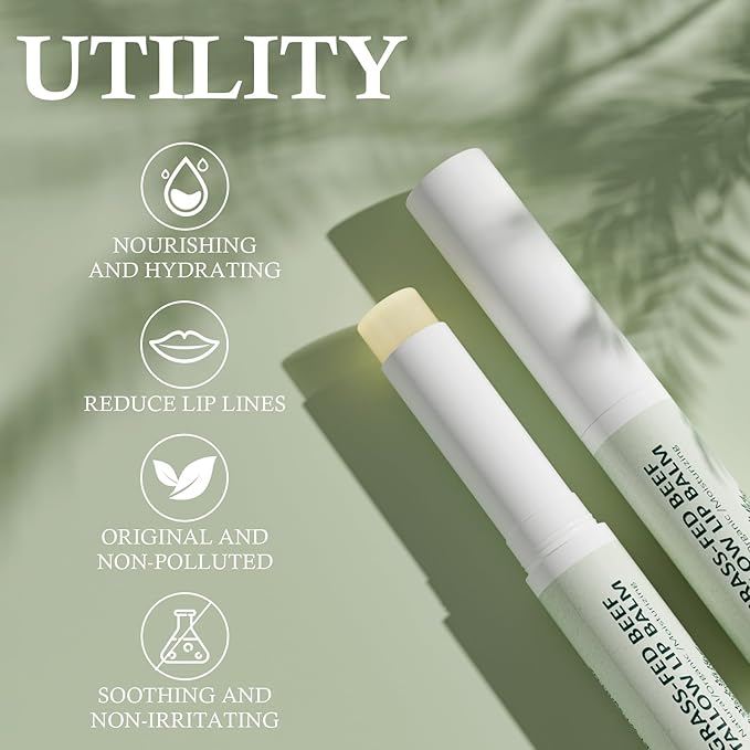 Tallow Lip Balm, Natural Lip Balm, Beef Tallow for Skin, Tallow Balm, All Natural Unscented 100% Grass Finished Beef Tallow Chapstick Organic Moisturizing Hydrates Dry Lips Moisturizer for Lip Care