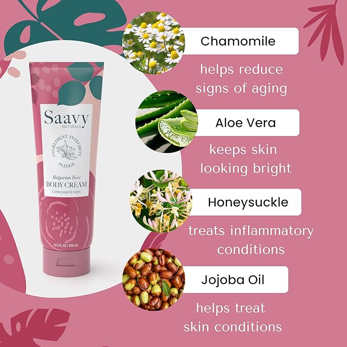Saavy Naturals Body Cream Clean,Plant Based Ingredients - Made in USA 2 pack Bulgarian Rose Body Lotion Absorbent Shea Butter Thick and Creamy, Naturally Scented Body Lotion for Dry Skin, 8.5 Oz.