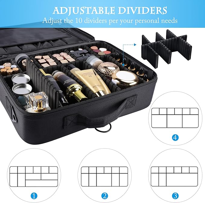 JOURMON Travel Makeup Case Portable Makeup Train Case Organizer Cosmetic Bag with Adjustable Dividers and Shoulder Strap for Makeup Brushes Toiletry Travel Accessories(Pure Black, L)