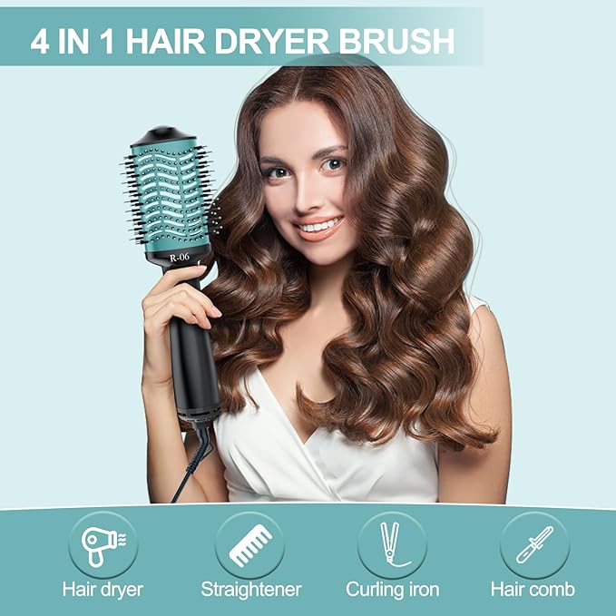 Hair Dryer Blow Dryer Brush in One, 4 in 1 Hair Dryer and Styler Volumizer with Oval Barrel, Professional Salon Hot Air Brush for All Hair Types, Teal
