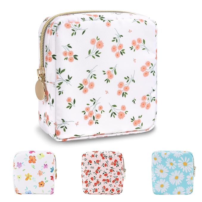 Waterproof Mini Floral Makeup Bag Pouch for Purse,Nylon Flower Cosmetic Travel Bag Small Preppy Toiletry Organizers Bag for Women Girl,Cute Zipper Pouch Coin Purse for Work(Mini White-Flowers)
