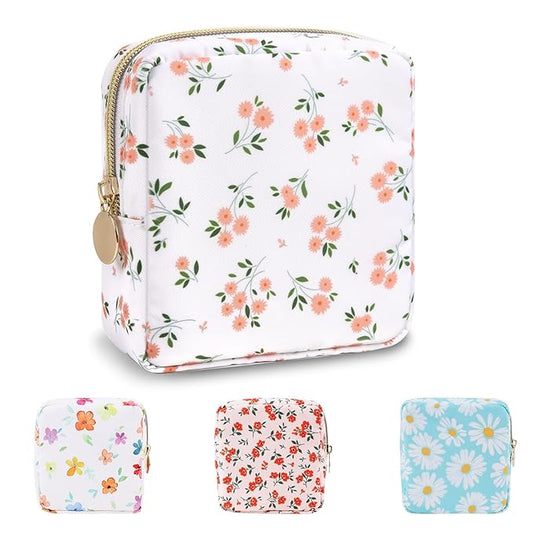 Waterproof Mini Floral Makeup Bag Pouch for Purse,Nylon Flower Cosmetic Travel Bag Small Preppy Toiletry Organizers Bag for Women Girl,Cute Zipper Pouch Coin Purse for Work(Mini White-Flowers)