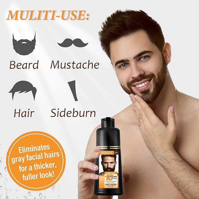 Men's Beard & Hair Dye Shampoo - Dark Brown | 10-Minute Instant Color for Beard, Mustache & Hair | Long-Lasting Gray Hair Coverage | 3-in-1 Dye, Shampoo & Conditioner | Gentle Formula | 6.8 Fl Oz