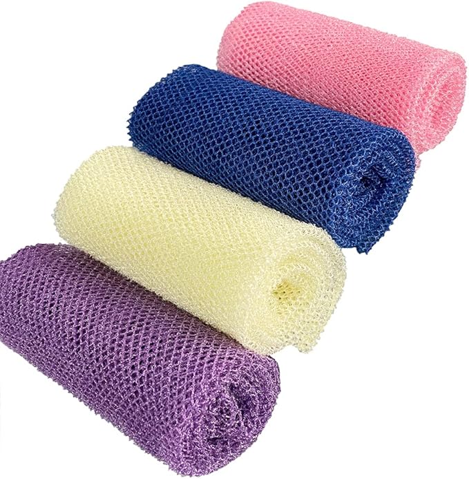 4 Pack Back Scrubber for Shower,Exfoliating Body Scrubber,Bath Sponge Net，Exfoliating Washcloth（Pink&Blue&Purple&Beige