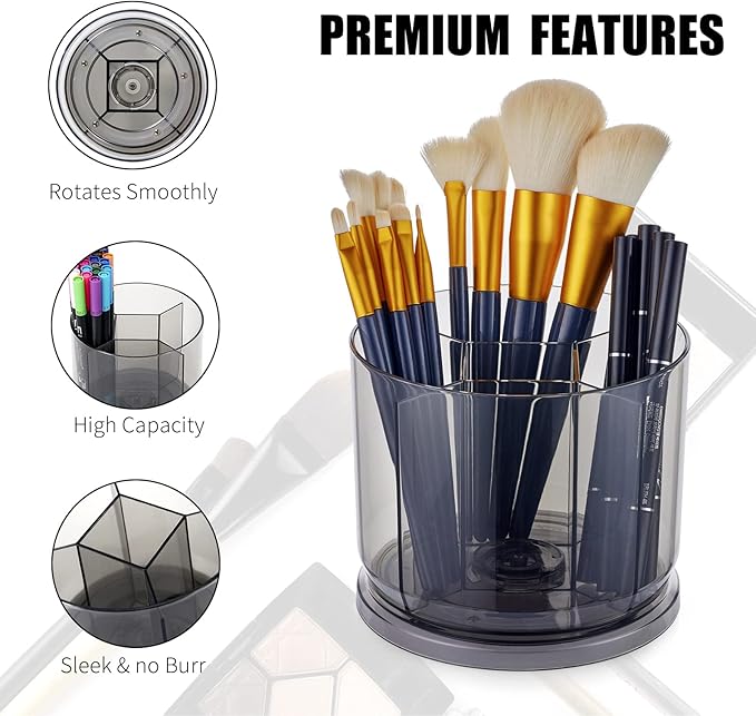 Makeup Brush Holder Organizer -Rotating 360° Clear Storage Cup Containers for Vanity, Desk, Countertop, Spinning Pen Holder for Desk, Round Make up Brush Stand with 5 Slots, for Cosmestics (Grey)