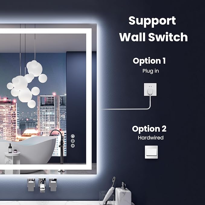 Amorho LED Mirror for Bathroom 24X36 Inch with Backlight and Front Lit, Fogless Mirror for Wall Mounted, Dimmable, 3 Colors, Memory