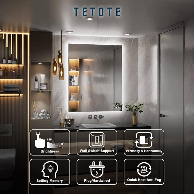 TETOTE 30x36 Inch LED Backlit Bathroom Mirror with Lights,Anti-Fog,Dimmable Lighted Mirror(Horizontal/Vertical) Wall Mounted Vanity Mordern Mirror