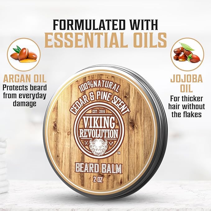 Viking Revolution Cedar & Pine Beard Balm - Butter with Argan Oil, Softener & Moisturizer for Men - Wax for Beards (2oz, 1 Pack)