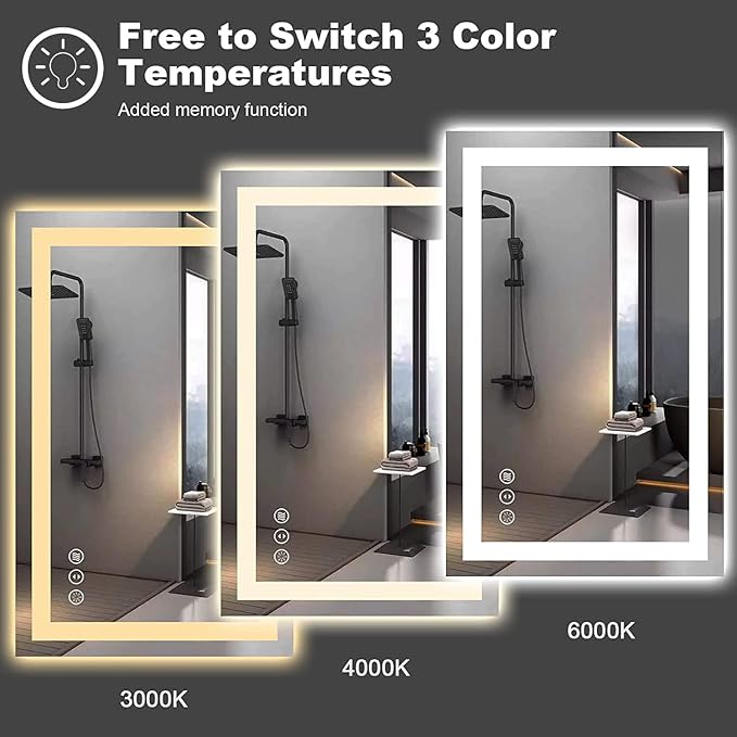 Amorho LED Bathroom Mirror 55''X36'' with Front and Backlight, Large Dimmable Wall Mirrors with Anti-Fog, Shatter-Proof, Memory, 3 Colors, Double LED Vanity Mirror
