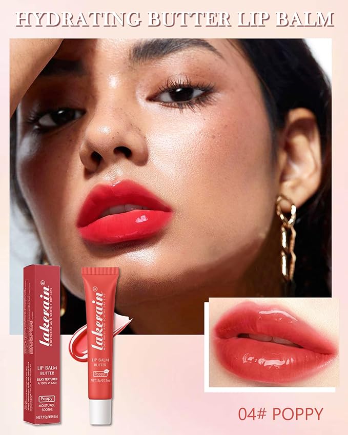 Lip Butter Balm Poppy, Hydrating Tinted Butter Lip Gloss,Clear Lip Mask Lip Care Moisturizer,Smooth Lip Treatment Balm, Non-Sticky Jelly Glow Reviver Fat Lip Oil, Thanksgiving Makeup Gift for Women-04