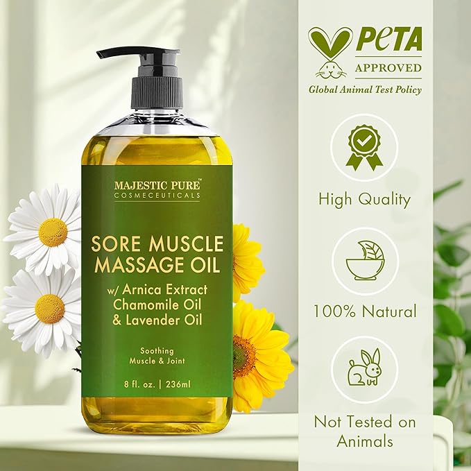 MAJESTIC PURE Arnica Sore Muscle Massage Oil for Massage Therapy - Refreshing, and Relaxing - Natural Oils with Lavender & Chamomile Essential Oils - All Skin Types - Men & Women - 8 fl oz (Pack of 2)