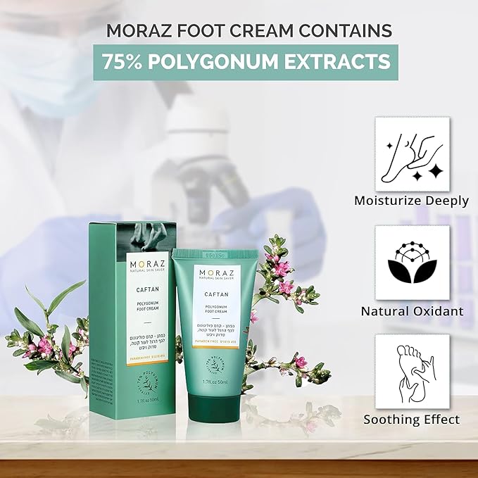Moraz Caftan Polygonum Foot Cream for Dry Cracked Heels and Feet with 75% Polygonum Extract – Non-greasy, Fast-absorbing Intensive Foot Moisturizer for Dry Cracked Feet, Vegan, Paraben Free, 8.5 Fl Oz