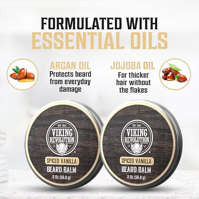 Viking Revolution Spiced Vanilla Beard Balm - Beard Butter with Argan Oil, Beard Softener for Men with Jojoba Oil - Beard Moisturizer for Men with Beeswax - Beard Wax for Men (2oz, 2 Pack)