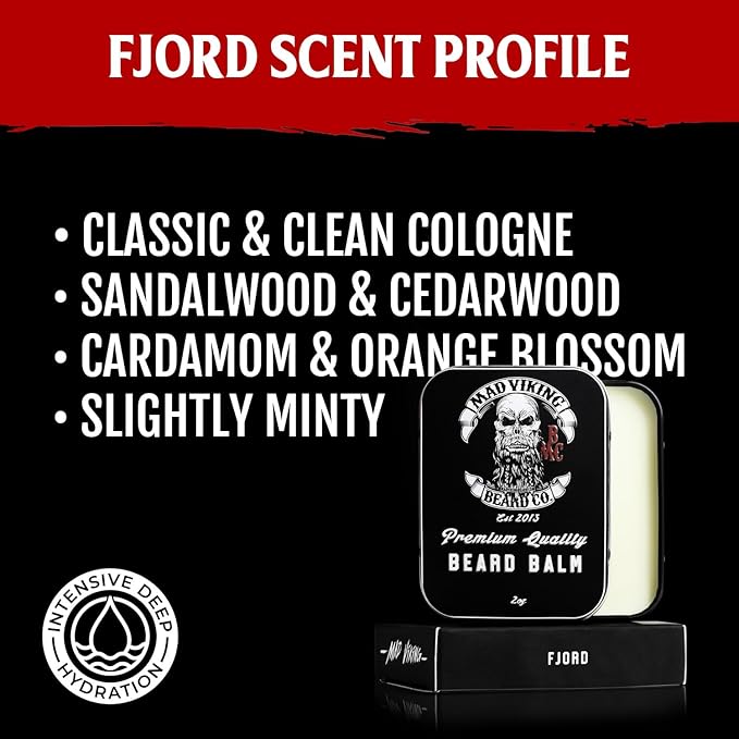Mad Viking Fjord Beard Balm – Non-Greasy Balm to Soften & Style with a Medium Hold - Made with Shea Butter, Beeswax & Premium Oils – Crisp Clean Citrus & Woodsy Scent, Made in the USA - 2oz