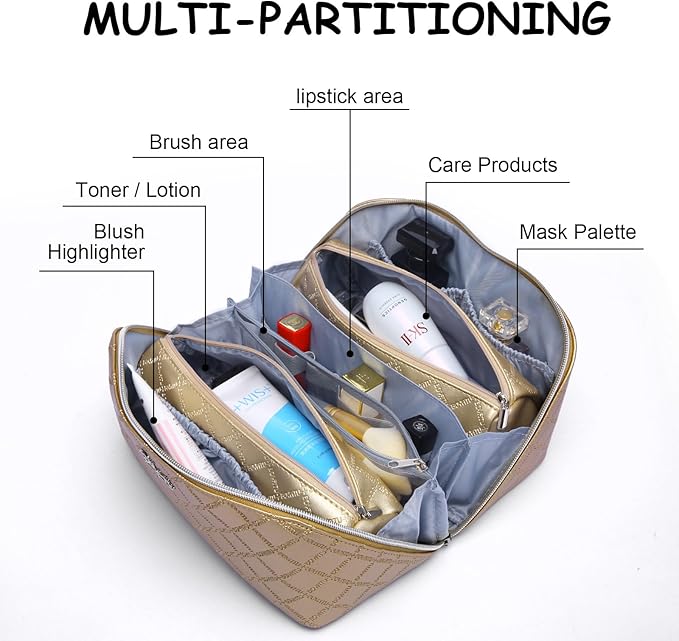 BOYATU Travel Makeup Bags Cosmetic Organizer Bag: 3-Set Large Capacity Make up Bag - PU Leather Toiletry Bags for Women - Wide Open Portable Pouch with Divider & Handle (07-Gold)