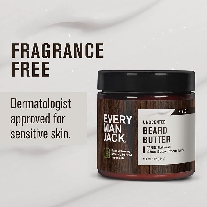 Every Man Jack Unscented Beard Butter - Fragrance Free for Sensitive Skin - Rejuvenates, Hydrates, and Styles Dry, Unruly Beards - Naturally Derived with Shea Butter and Coconut Oil - 4oz (2 Pack)