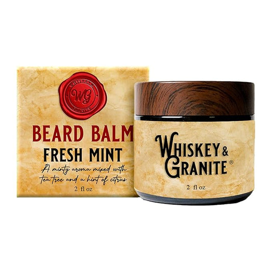 Whiskey & Granite Beard Balm – Made in USA – 100% Natural, Scented Beard Styling Balm for Men, 2 oz (Fresh Mint)