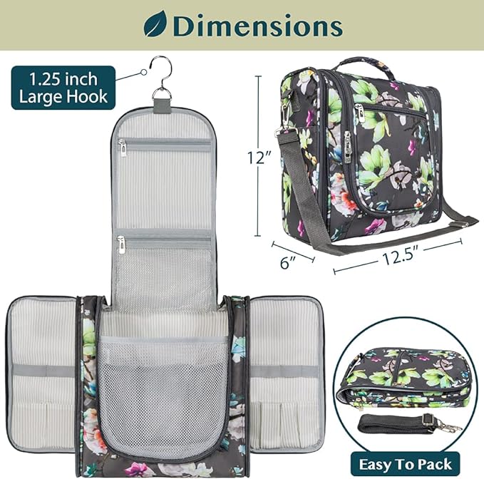 PAVILIA Extra Large Toiletry Bag Travel Bag for Women Men, Hanging Cosmetic Organizer, Water Resistant Makeup Bag for Accessories Toiletries, Travel Essentials Kit (Floral Grey)