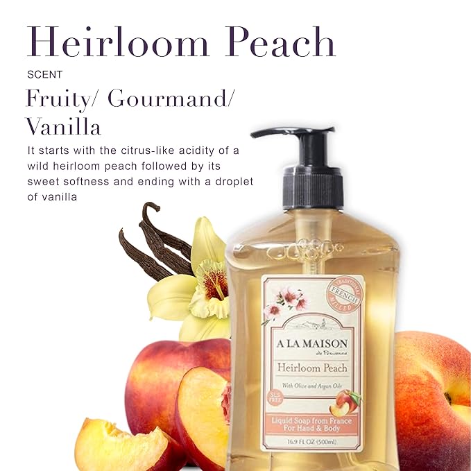 A LA MAISON French Liquid Hand Soap, Heirloom Peach - Natural Hand Wash Made with Essential Oils - Biodegradable, Plant-Based, Vegan, Cruelty-Free, Alcohol & Paraben Free (16.9 oz, 3 Pack)