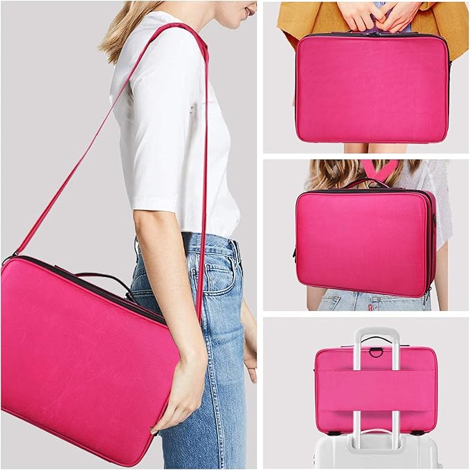 JOURMON Travel Makeup Case Portable Makeup Train Case Organizer Cosmetic Bag with Adjustable Dividers and Shoulder Strap for Makeup Brushes Toiletry Travel Accessories(Rose Red, L)