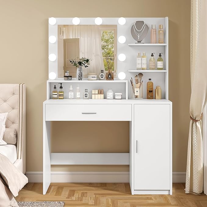 Quimoo Makeup Vanity Desk with Mirror & Lights, Vanity Desk with 5 Drawers & Storage Shelves, Vanity Table, 3 Color Modes & Adjustable Brightness Dressing Table, Bedroom, White