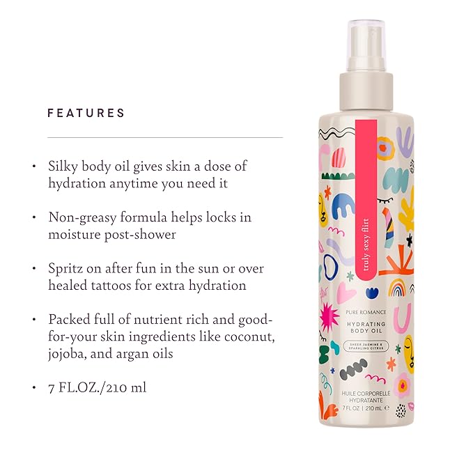 Pure Romance Lustra Hydrating Body Oil - Non-Greasy After Shower Moisturizer for Dry Skin - Infused with Jojoba and Argan Oils - Mist on With Convenient Spray Bottle, 7 Fl Oz, Truly Sexy Flirt