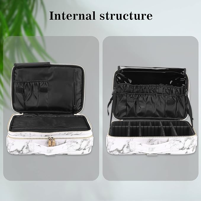 JOURMON Travel Makeup Case 3 Layers Makeup Train Case Marble Makeup Bag Organizer Portable Artist Storage Bag with Adjustable Dividers and Shoulder Strap (Marble white)