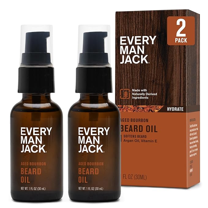 Every Man Jack Mens Beard Oil - Subtle Aged Bourbon Fragrance - Deeply Moisturizes and Softens Your Beard and Adds a Natural Shine - Naturally Derived with Shea Butter- 1 fl oz (2 Pack)