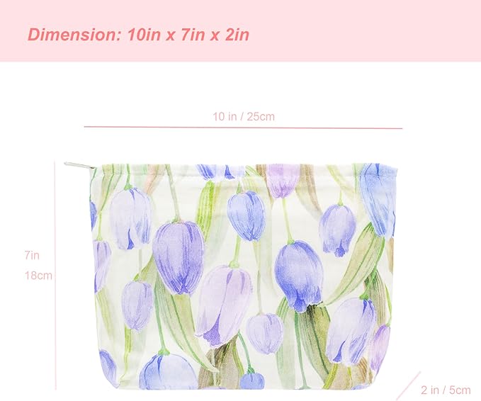 PAZIMIIK Floral Makeup Bag Large Cotton Zipper Pouch for Purse Travel Canvas Make Up Organizer for Women Cosmetic,Tulip Purple