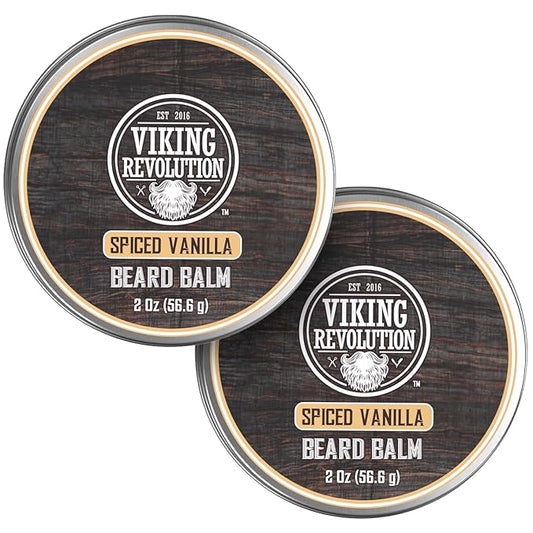 Viking Revolution Spiced Vanilla Beard Balm - Beard Butter with Argan Oil, Beard Softener for Men with Jojoba Oil - Beard Moisturizer for Men with Beeswax - Beard Wax for Men (2oz, 2 Pack)