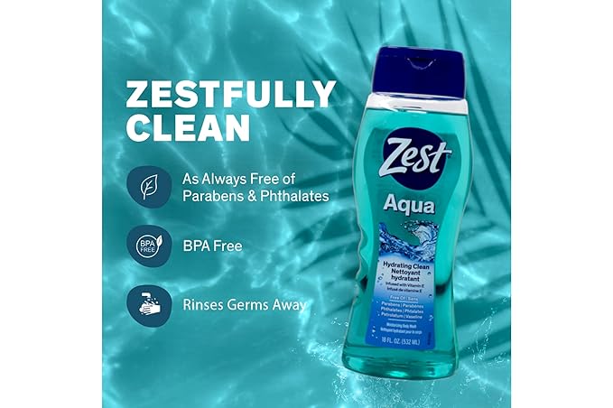 Zest Aqua Hydrating Body Wash, 18 Fl Oz (Pack of 6) - Moisturizing & Refreshing Shower Gel, Easily Lathers for a Relaxing Bubble Bath - Foaming & Exfoliating Skin Cleanser for a Smooth & Clean Skin