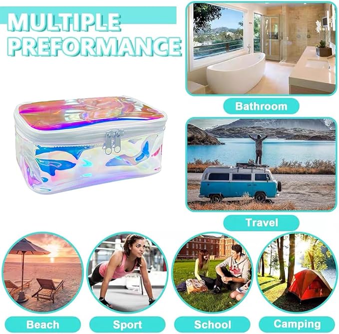 Holographic Makeup Bags Bulk,Clear Storage Bag Toiletry Pocket Portable Zippered Iridescent Pouch Waterproof Cosmetic Gift Bags for Women (Holographic Pink(White Frame))