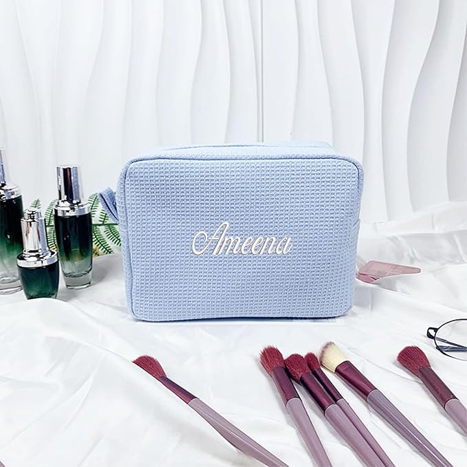 GOPHIE Personalized Embroidered Makeup Bag,Custom Waffle Fabric Cosmetic Pouch for Women, Travel Makeup Pouch (3, Sky Blue)
