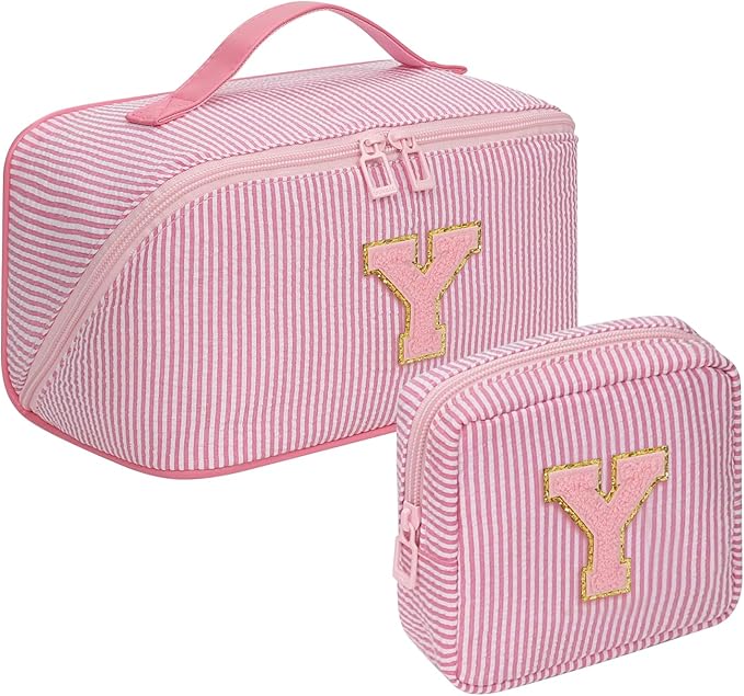 Travel Makeup Bag for Women, 2Pcs Portable Personalized Initial Makeup Organizer Bag, Open Flat Large Cosmetic Bag With Travel Essential Pouch (Pink Letter Y)