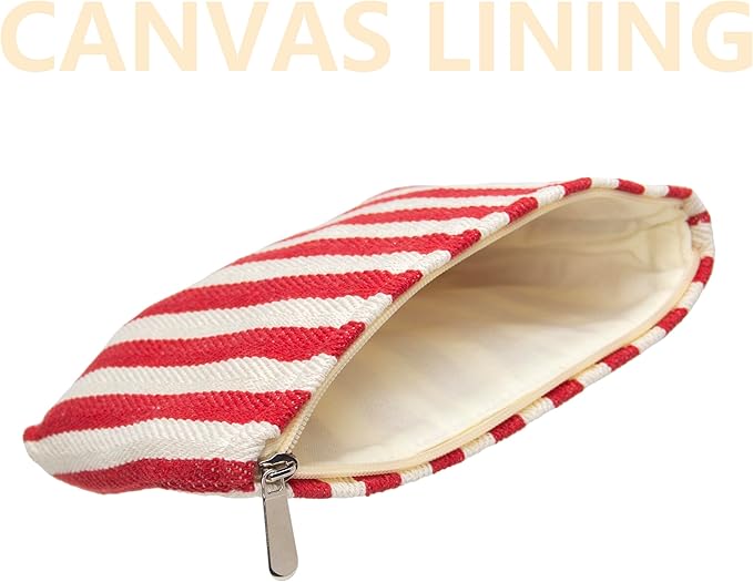 PAZIMIIK Makeup Bag Large Cotton Zipper Pouch for Purse Travel Canvas Make Up Organizer for Women Cosmetic,Stripe Red