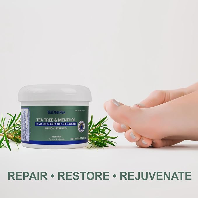 TriDerma Tea Tree Oil Foot Cream for Dry Cracked Feet, Itchy Skin, Tingling & Foot Pain with Menthol, Non-greasy 9.5 oz
