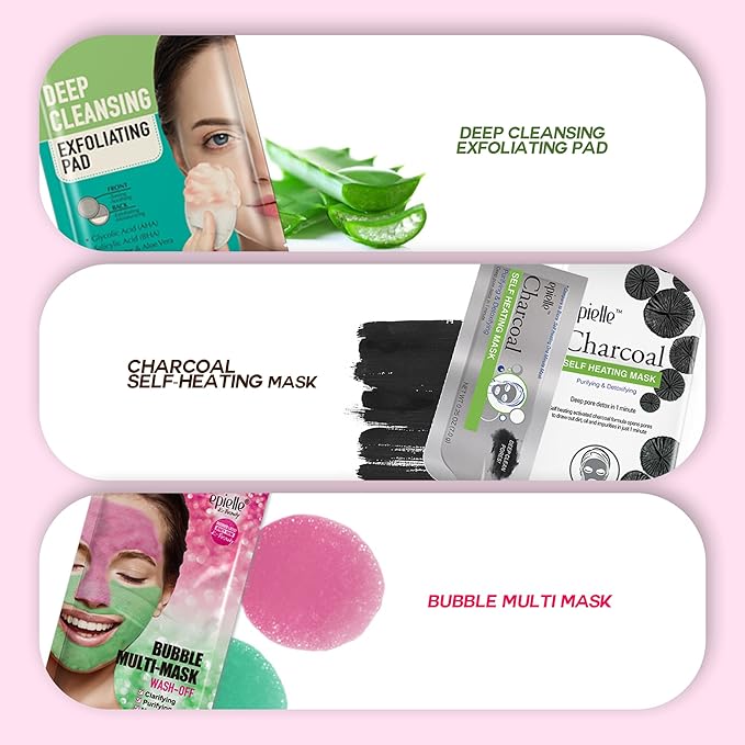 Epielle All In One Kit, cleansing, facial sheet mask, peel off, Fun facial mask Kit, Moisturizing Facial Skincare for Sensitive Skin & Acne | Spa Day Party, Mothers Day Gifts
